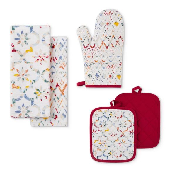 Ogee Tile Kitchen Towels Potholders Oven Mitt Reverses to Red Loops 5pc Gift NEW - Picture 1 of 7